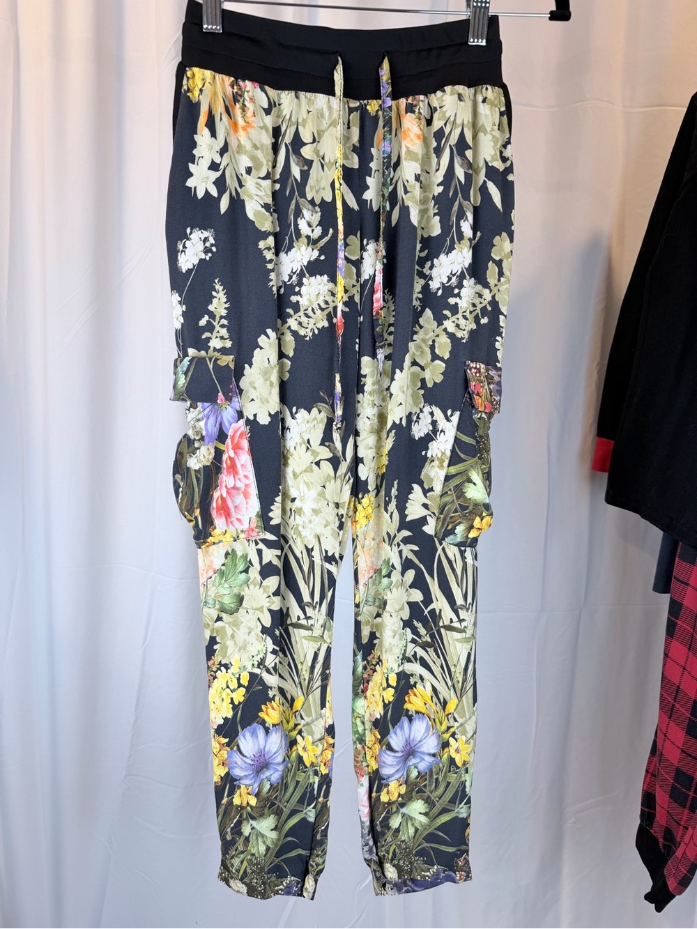 Floral Drawstring Cargo Pants - Black/Multicolor